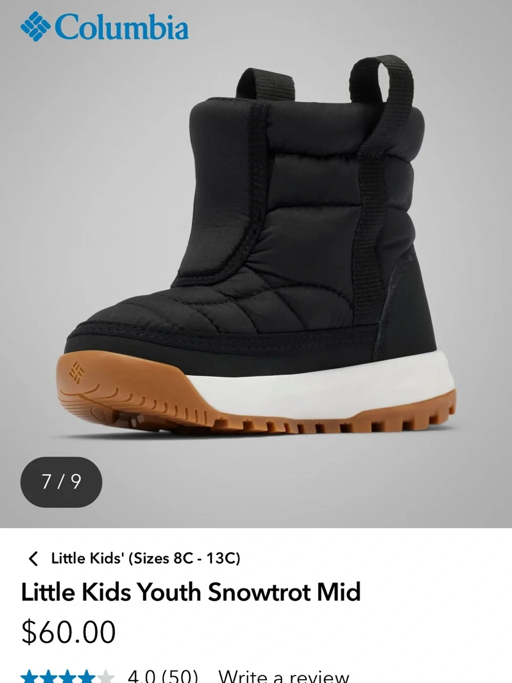 Columbia Kids Black Snow Boots with Brown Sole size 1